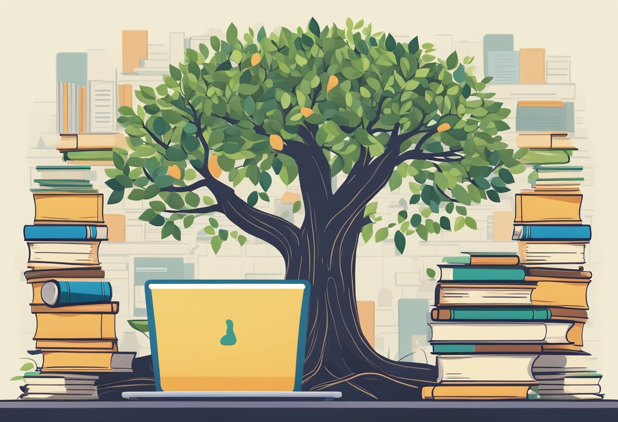 A tree growing taller with roots spreading, surrounded by books and a laptop, symbolizing growth and development for parent business owners