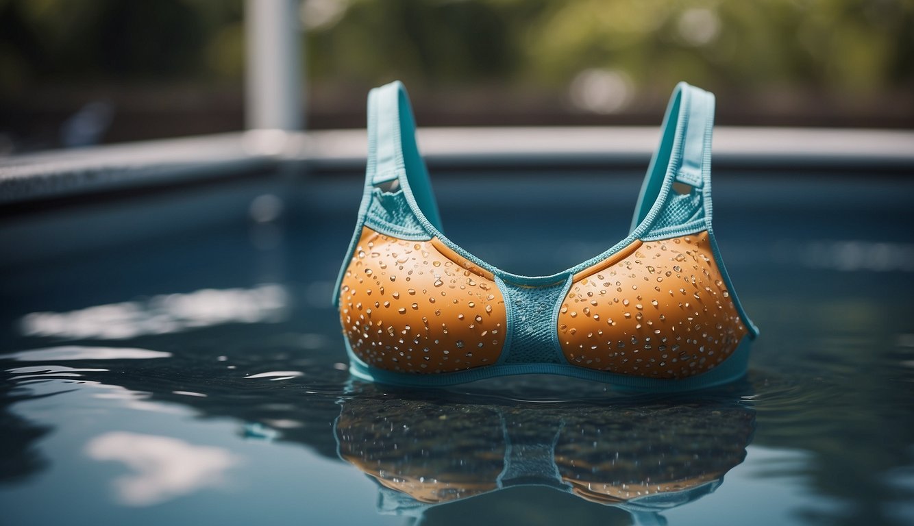 A sports bra floating in a pool, surrounded by water droplets