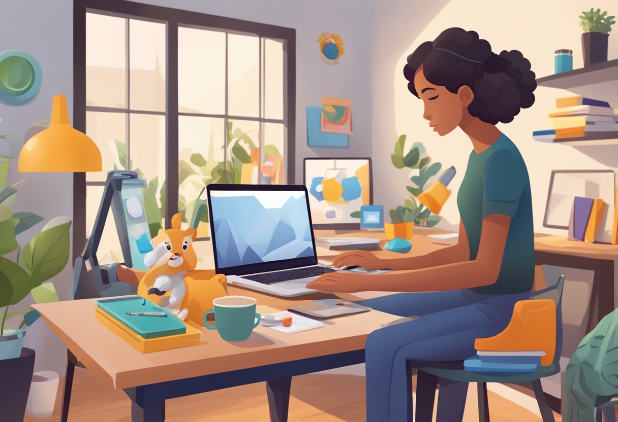 A parent business owner multitasking at home office, balancing work and family life. Laptop, phone, and children's toys in the background