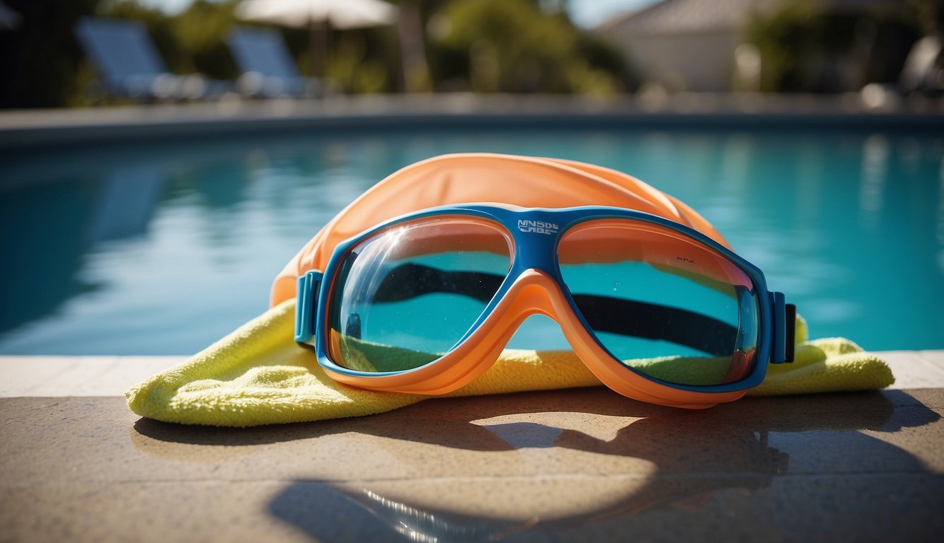 A woman's sports bra lays on the edge of a pool, surrounded by goggles, a swim cap, and a towel, indicating its practical usage for water activities