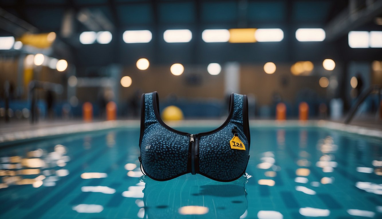 A sports bra floating in a pool, surrounded by safety signs and equipment