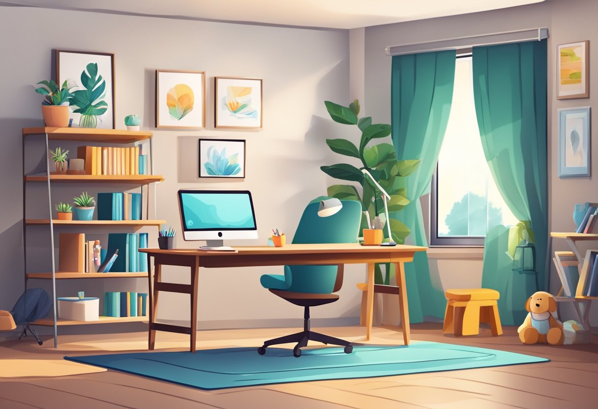 A home office with a desk, computer, and phone. A nearby play area with toys and books. The room is bright and organized, with a cozy atmosphere