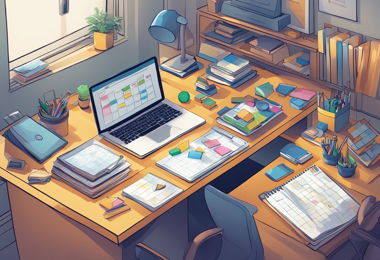 A busy home office with toys scattered on the floor, a laptop open on the desk, and a calendar filled with appointments and deadlines