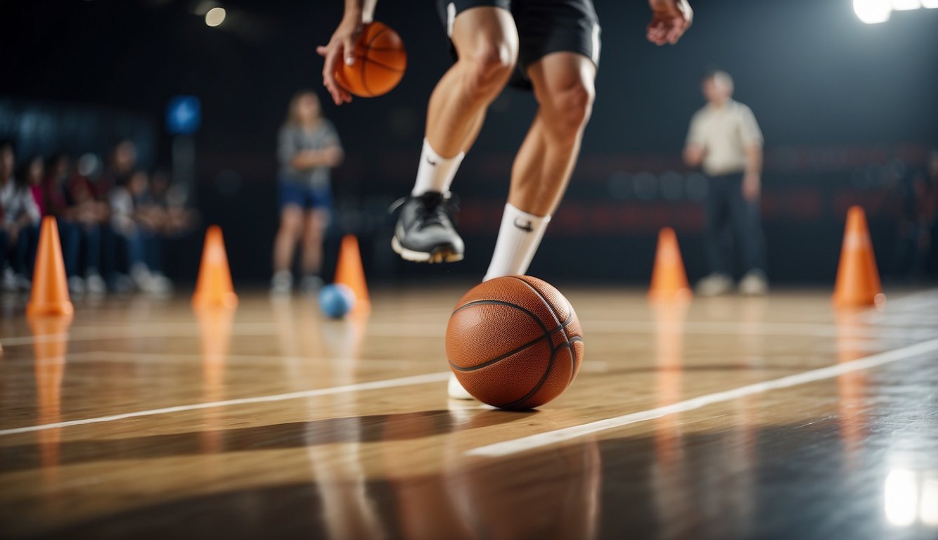 A basketball player dribbling through cones, a soccer player juggling a ball, a golfer lining up a putt, and a gymnast performing a balance beam routine