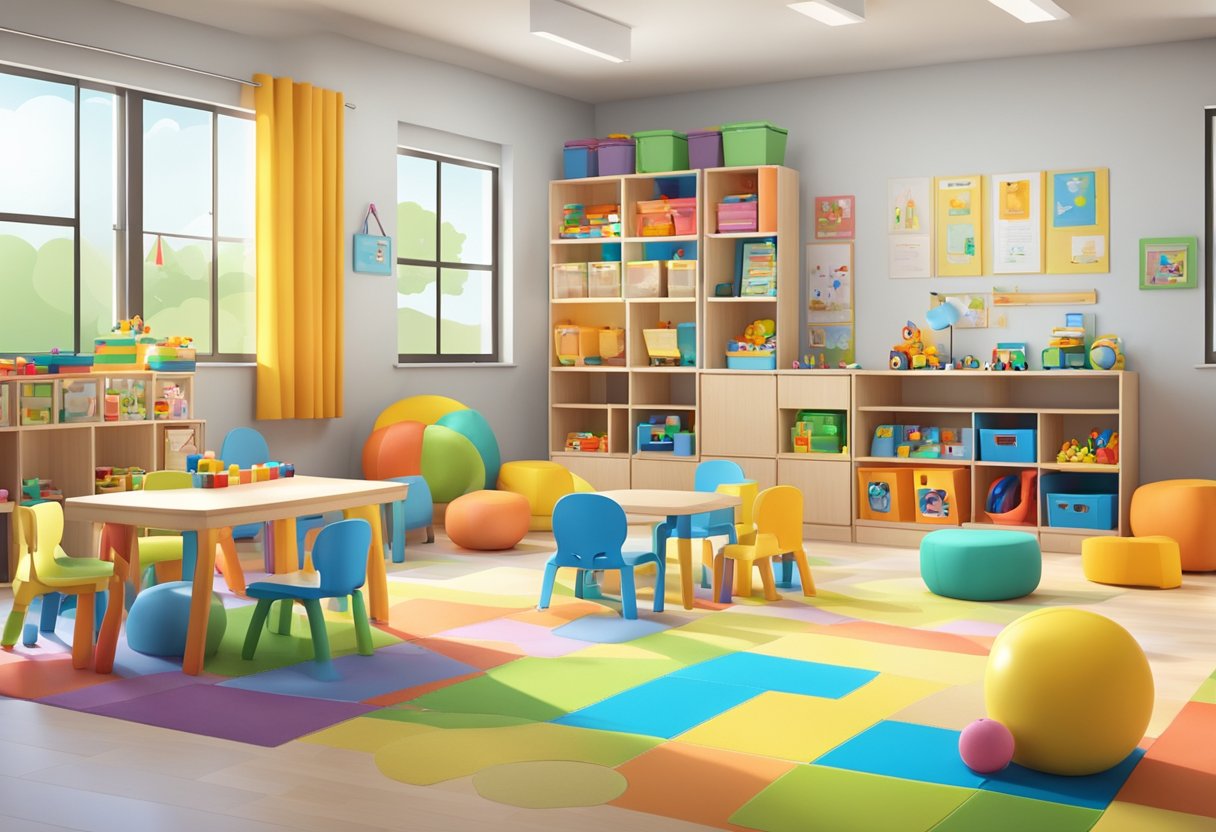 A modern, organized childcare facility with bright, welcoming colors and a variety of educational toys and activities