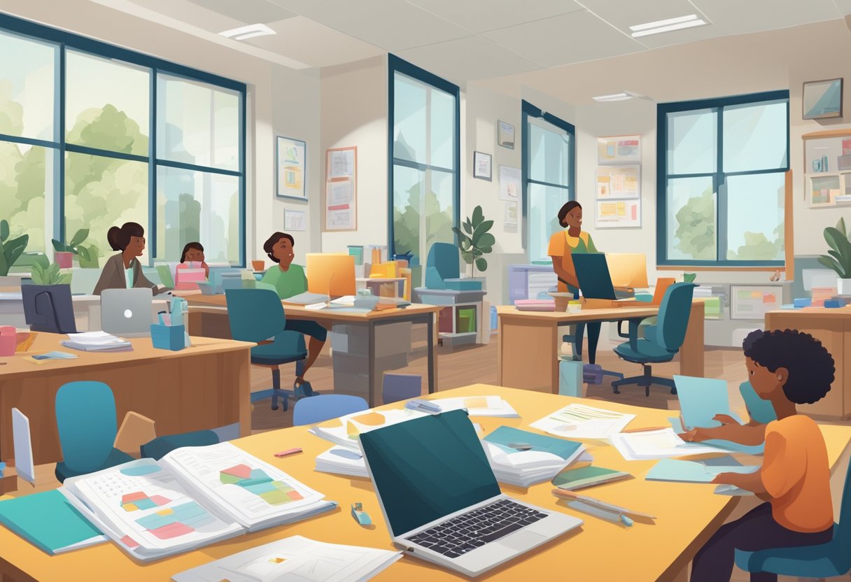 A busy office with a desk cluttered with papers, a laptop, and a phone. A calendar on the wall shows appointments and deadlines. A childcare center is visible through a window, with children playing and caregivers interacting