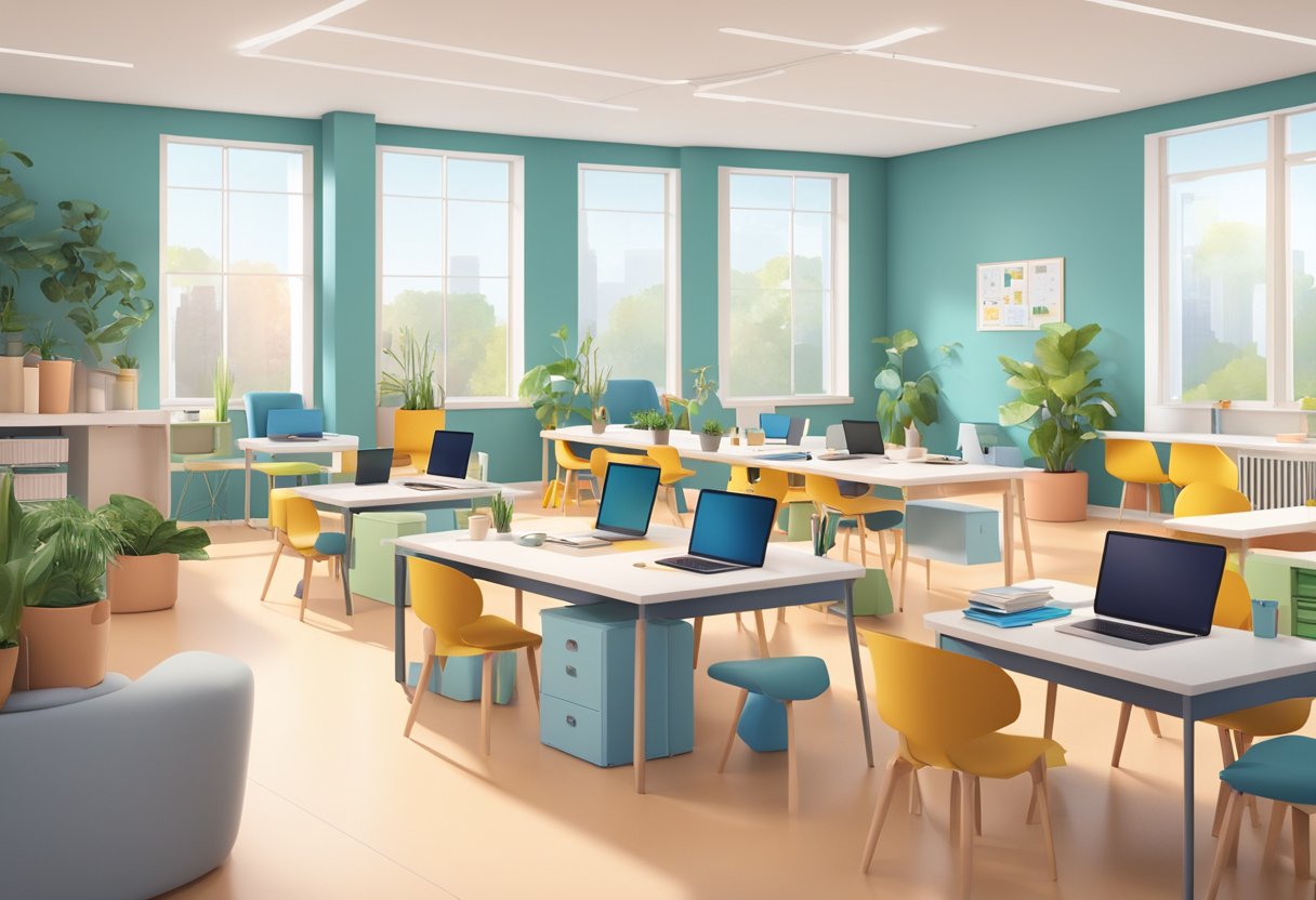 An open, modern workspace with a designated childcare area. Flexible scheduling options and a supportive community for entrepreneurial parents