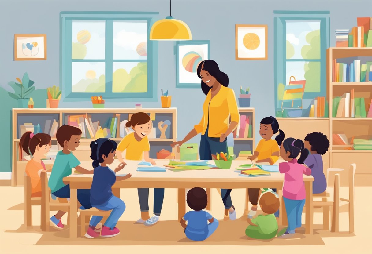 Childcare providers engage with children in a playful and educational environment, offering solutions for busy entrepreneurial parents