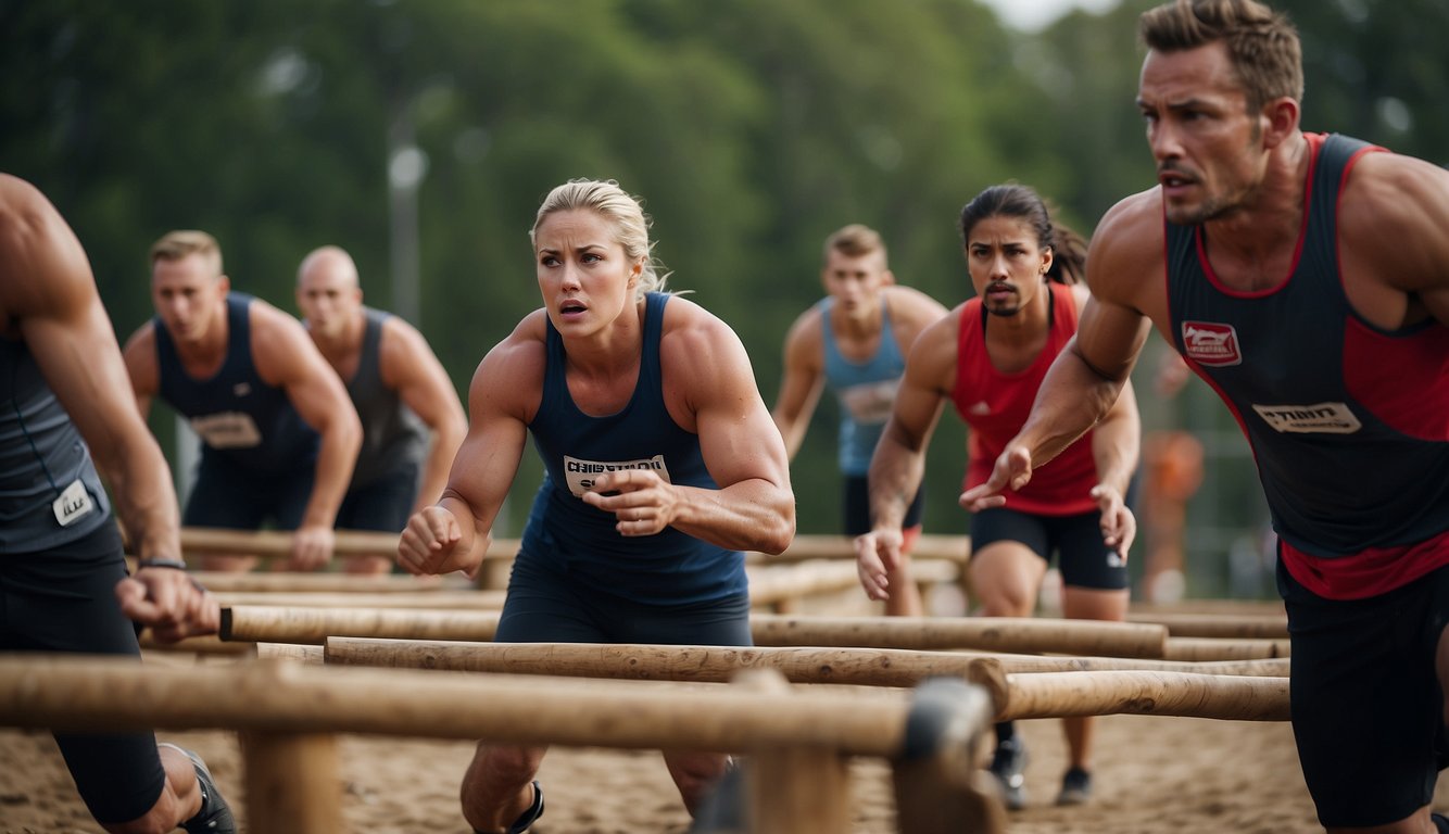 Athletes face a challenging obstacle course, with various physical and mental challenges. The course demands focus, strategy, and quick decision-making