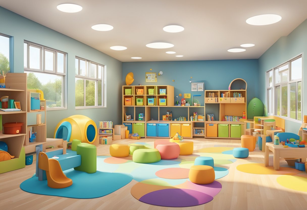 A modern, tech-savvy childcare center with a mix of play areas and educational spaces, equipped with advanced learning tools and comfortable amenities