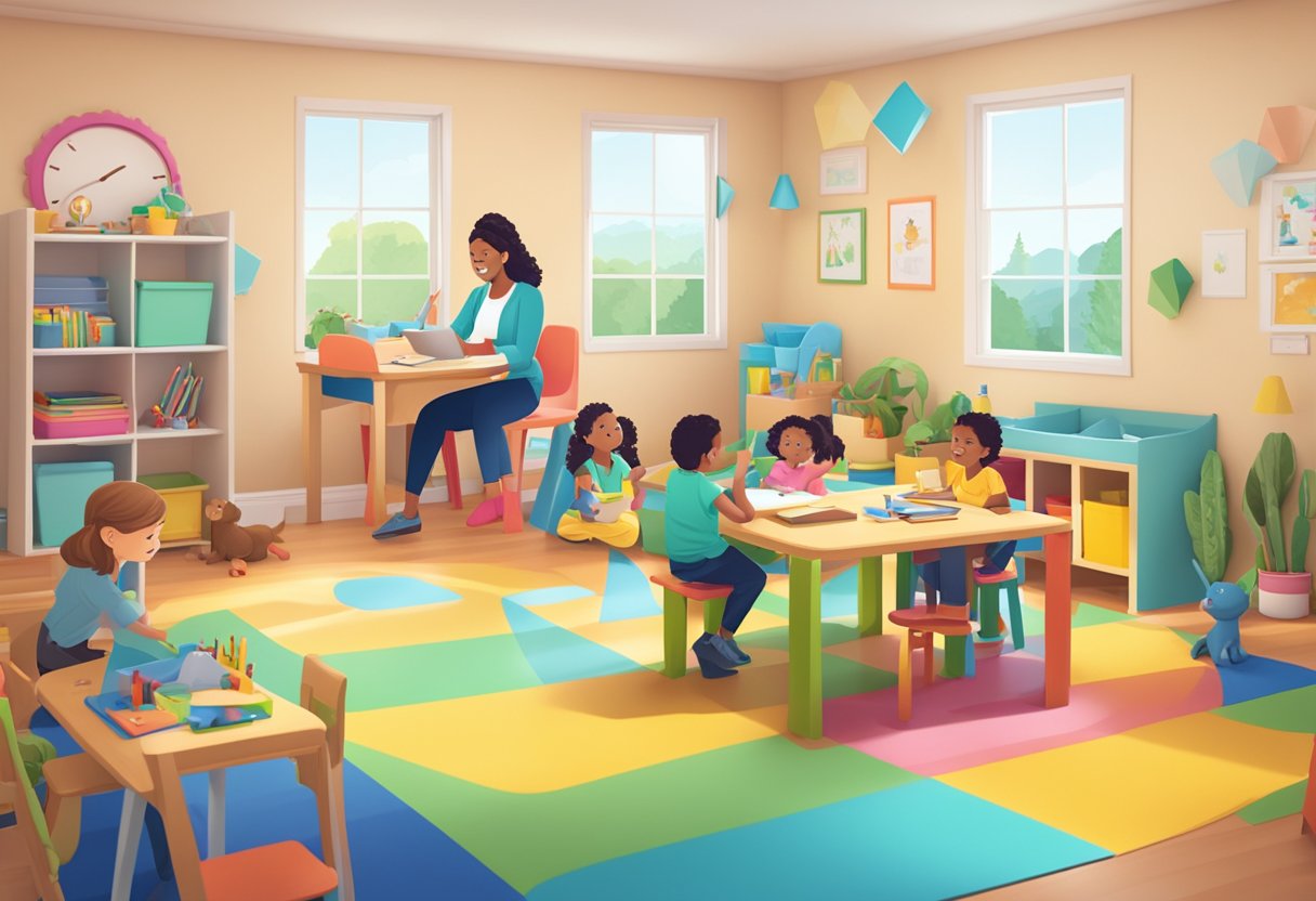 A busy parent works at a desk while a childcare provider engages with children in a vibrant and organized play area