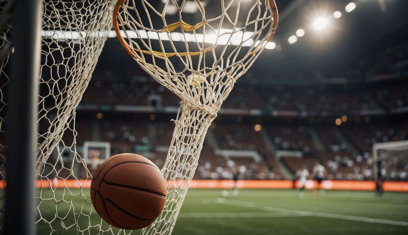 A soccer ball flying into the top corner of the goal, with a basketball swishing through the net, and a tennis ball being served with precision and speed