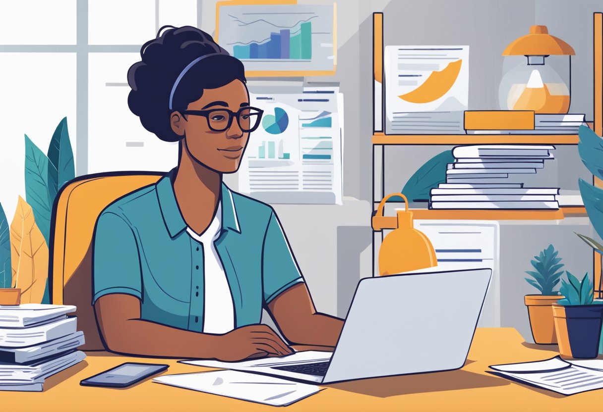A parent sits at a desk, surrounded by financial documents and a laptop. They are focused and determined, with a look of confidence as they plan and strategize for funding their startup