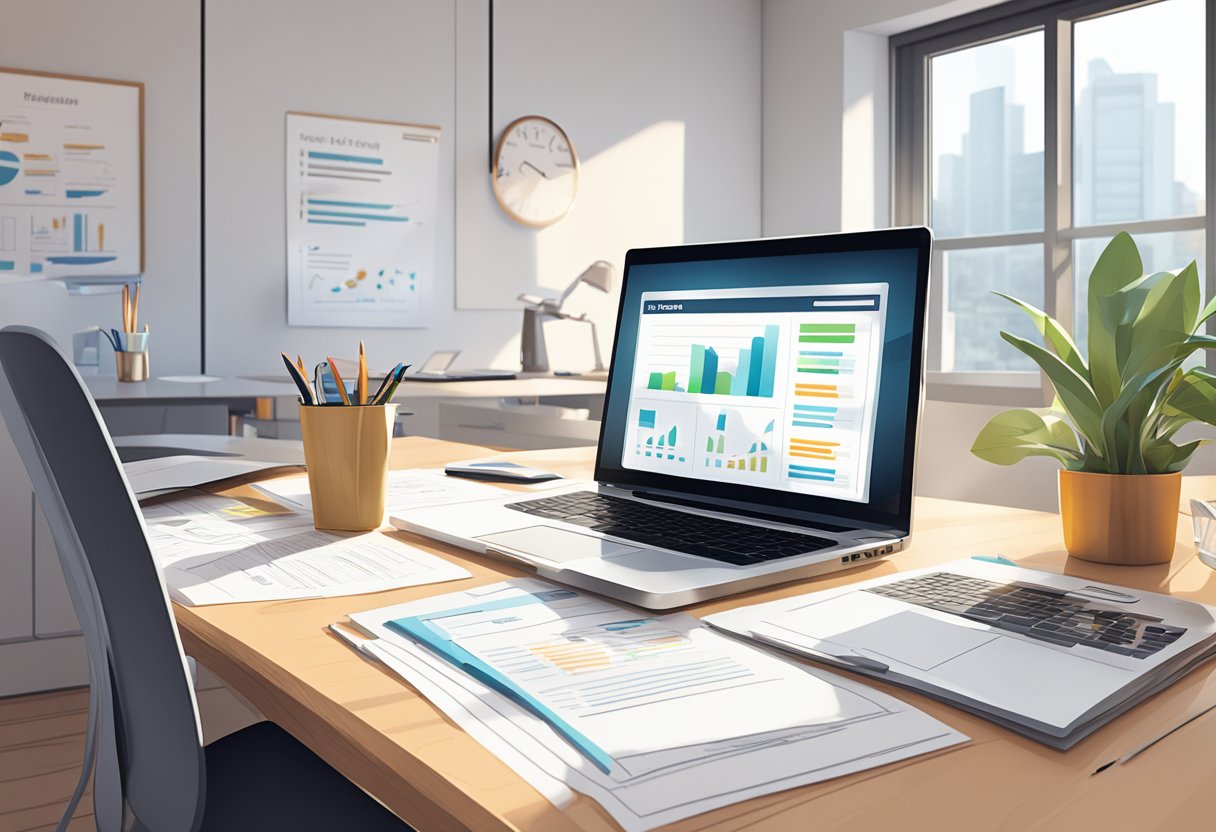 An office desk with a laptop, financial documents, and a business plan. A parent-owned startup logo on the wall. Light streaming in through a window