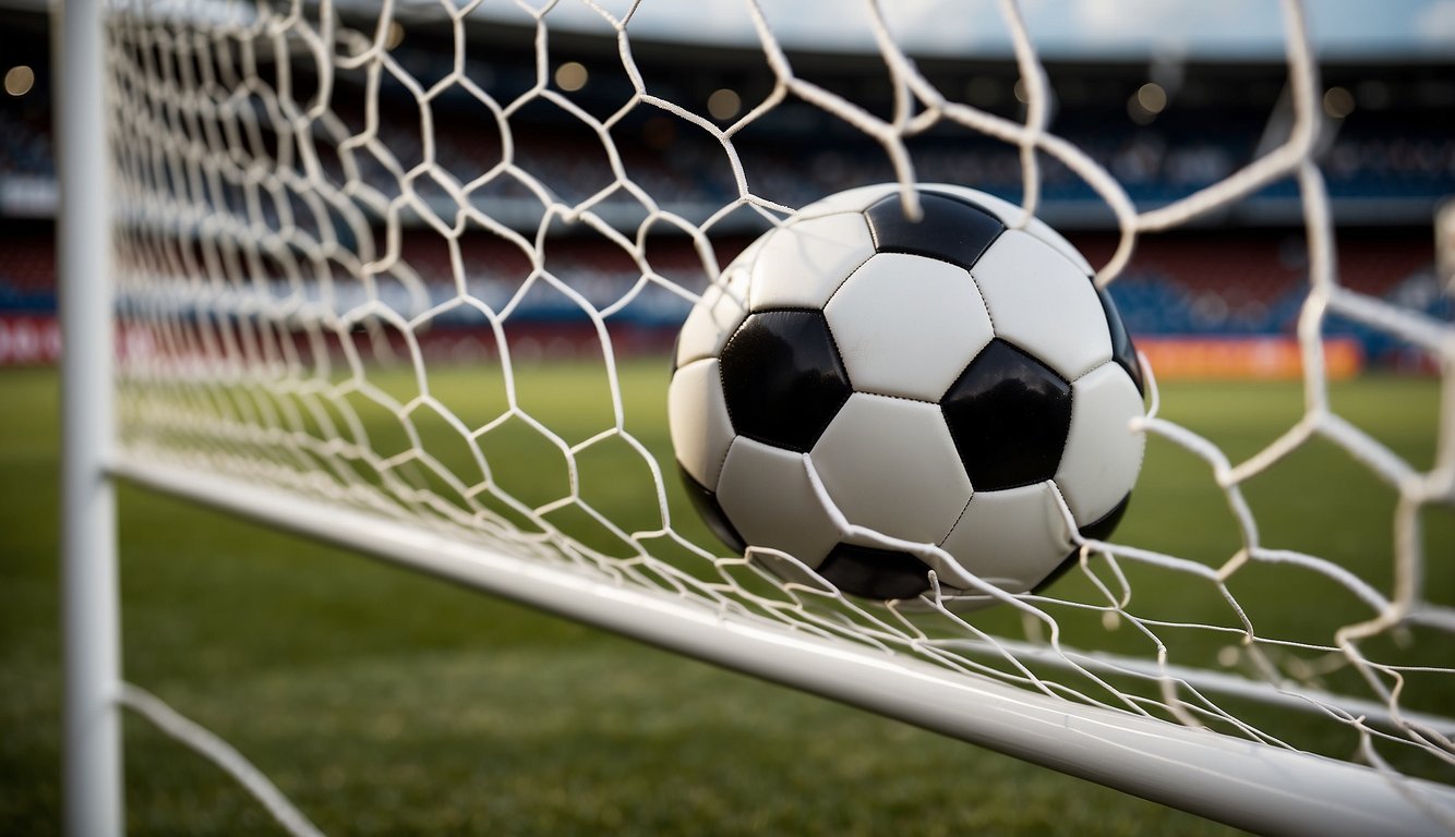 A soccer ball curving into the top corner of the net, demonstrating precision and control in a high-skill sport