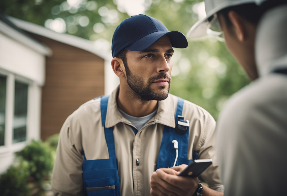 A pest control professional provides skadedyrforsikring to a worried homeowner, inspecting for signs of infestation