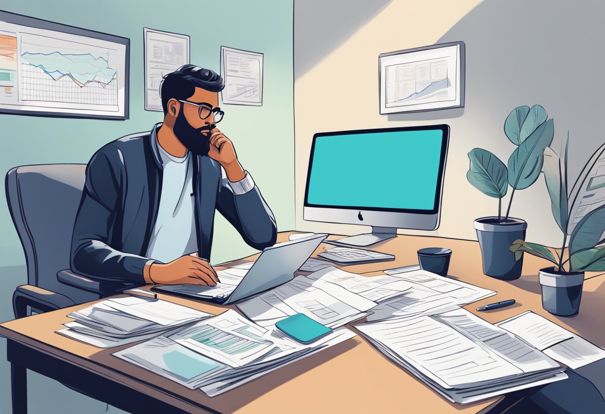A person sitting at a desk, surrounded by financial documents and a laptop. They are carefully reviewing budgets and managing finances for their parent-owned startup