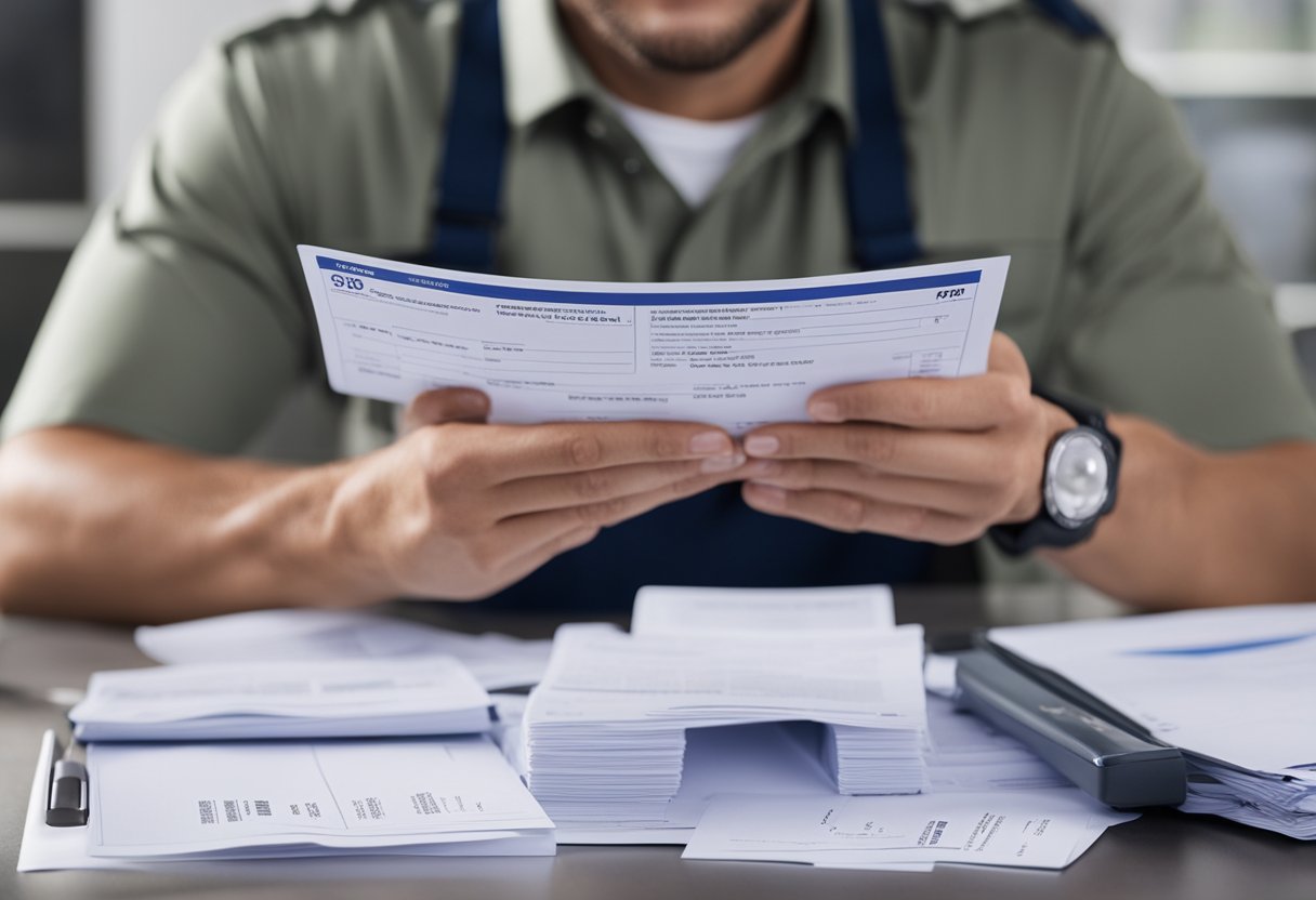 A professional pest control worker receiving payment for services rendered, with a stack of paperwork and insurance documents in the background