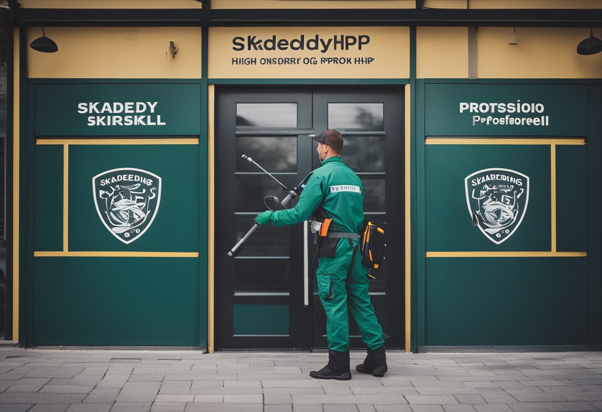 A pest control professional sprays a building labeled "Skadedyrforsikring og profesjonell hjelp" with a logo of a shield and crossed tools