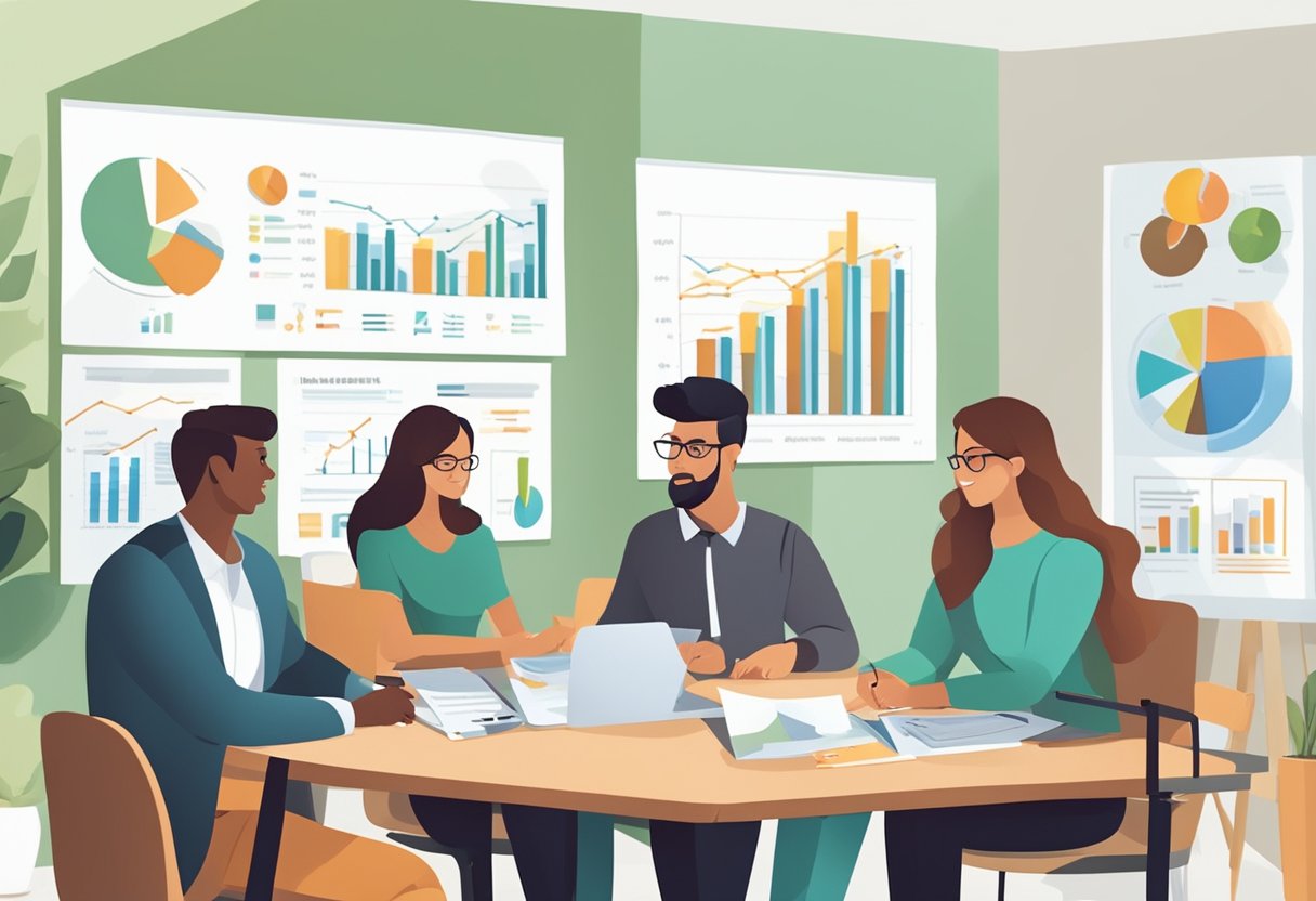 A group of entrepreneurs gather around a table, discussing marketing strategies and promoting their parent-owned startup. Charts and graphs adorn the walls, showcasing funding projections and growth plans