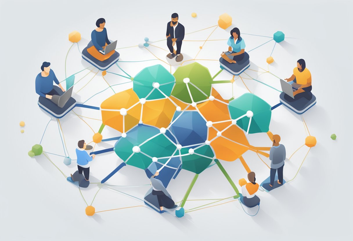 A group of interconnected nodes representing support networks, funding resources, and tools, forming a web around a central parent-owned startup logo