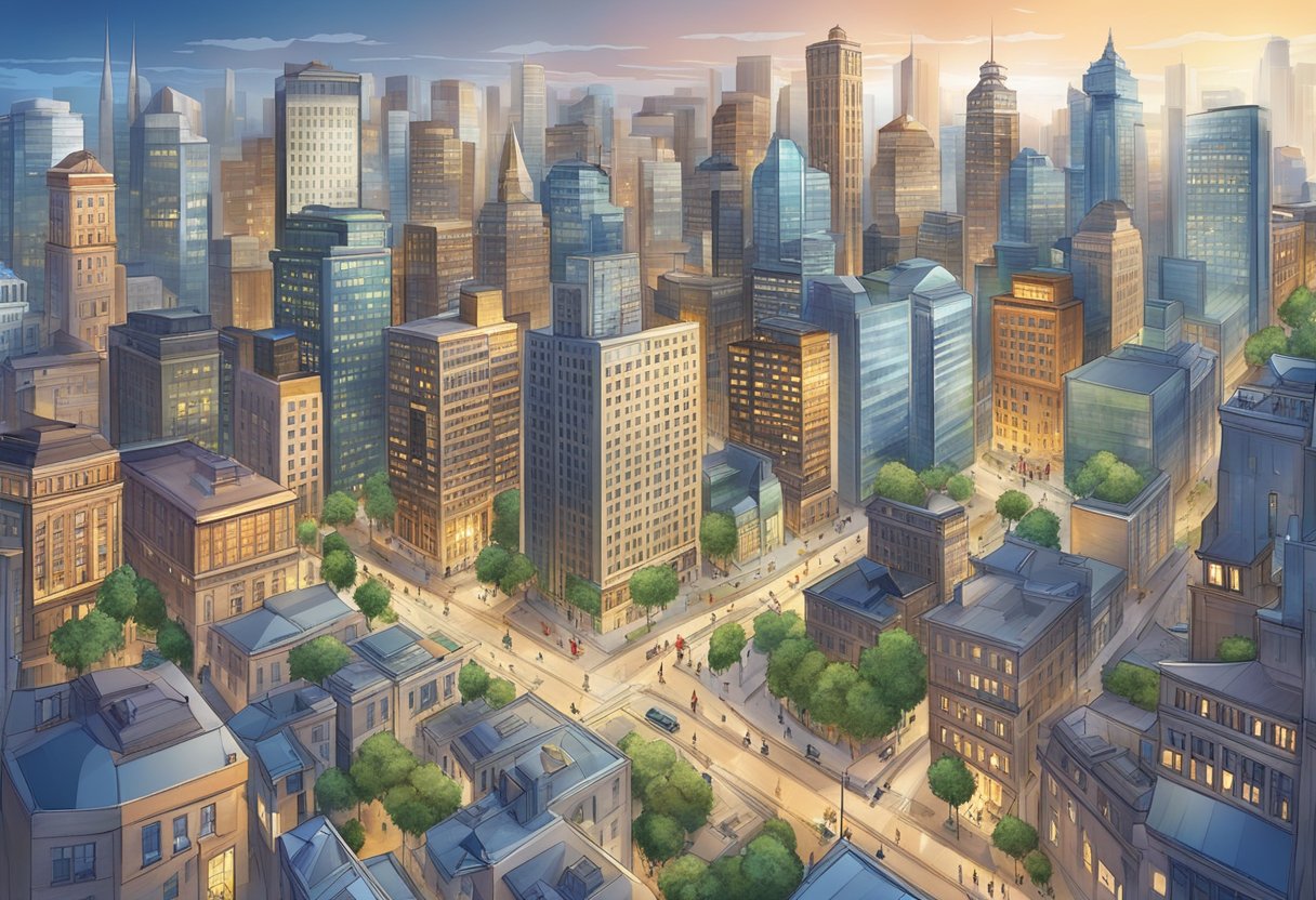 A bustling cityscape with a diverse mix of modern and historic buildings, surrounded by a network of financial institutions and venture capital firms