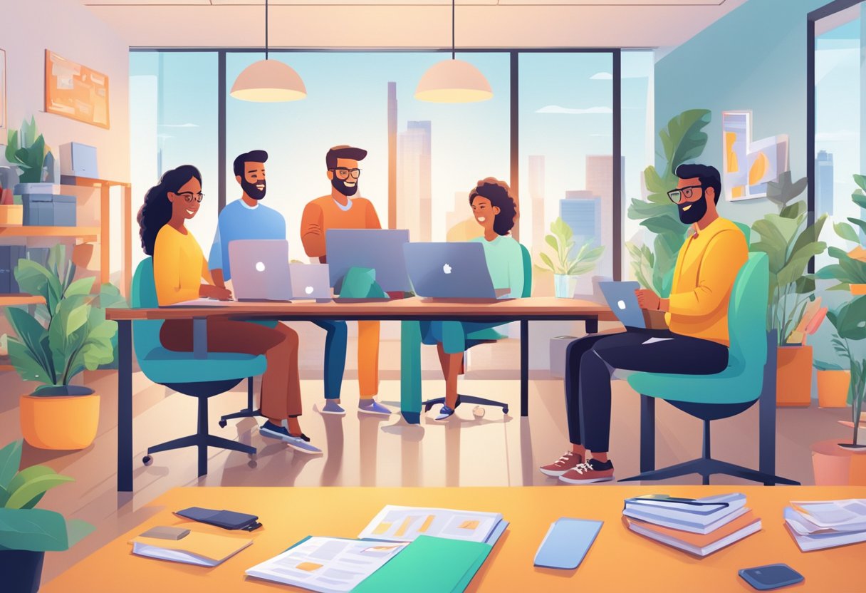 A parent-owned startup receives funding, celebrates success, and showcases case studies in a vibrant office setting