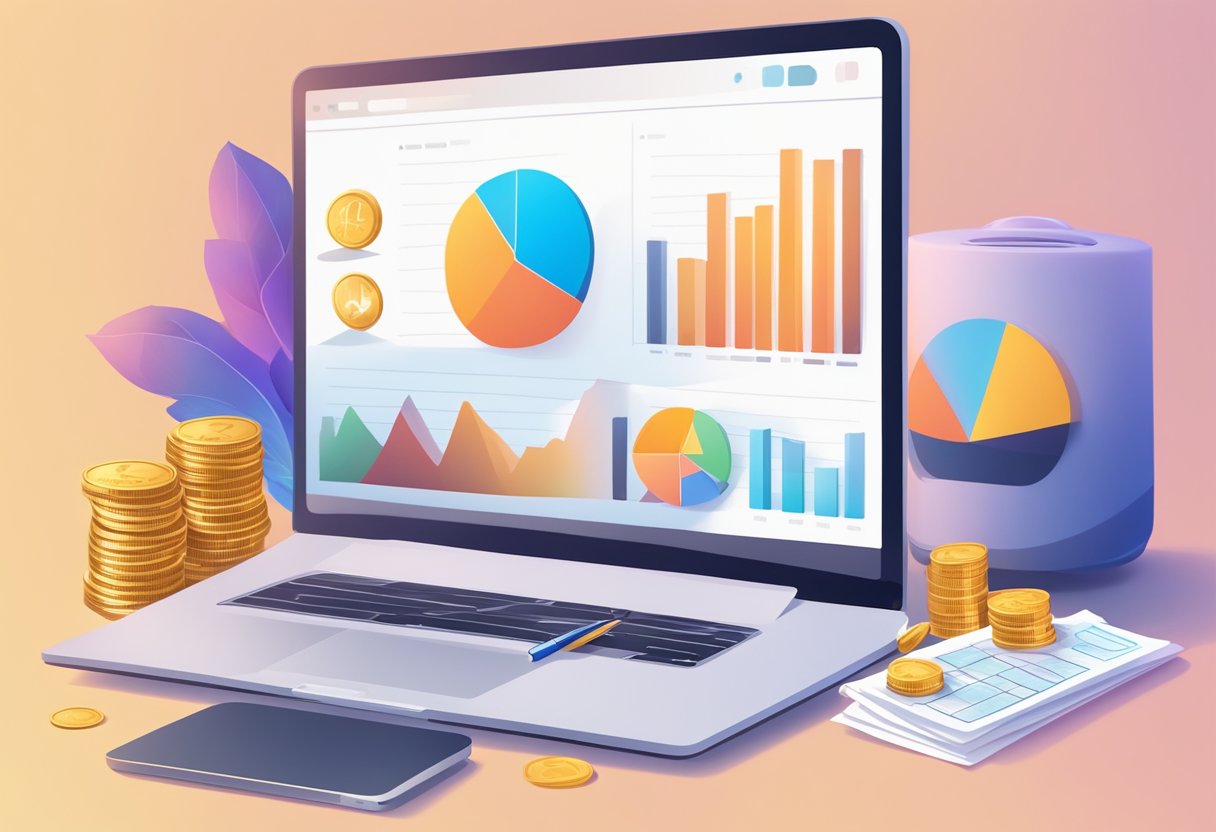 A desk with a laptop, financial documents, and a vision board. A chart showing projected revenue growth. A piggy bank and a stack of coins symbolizing savings and investment
