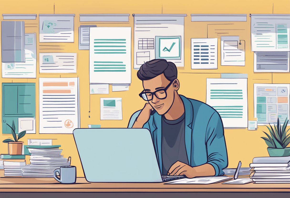 A parent-owned startup founder researching funding options, surrounded by a laptop, financial documents, and a list of frequently asked questions