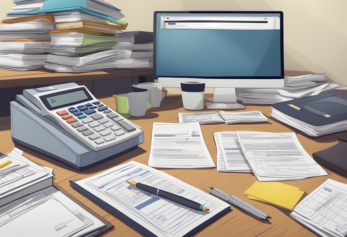 A desk cluttered with tax forms, legal documents, and a laptop. A parent-owned business sign hangs on the wall. A stack of business books and a calculator are nearby