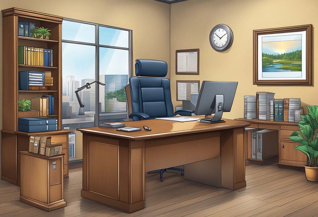 A family-owned business office with legal and tax documents, a computer, and a desk with a nameplate