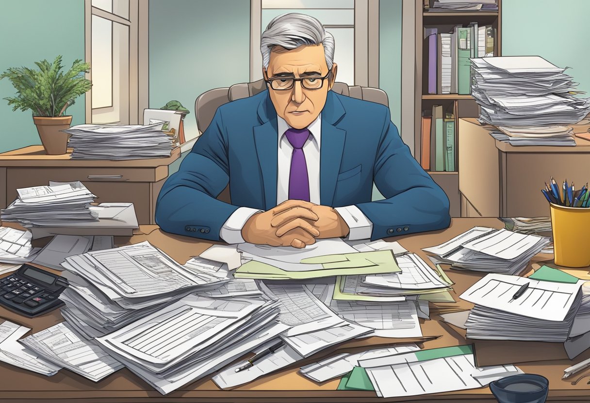 A cluttered desk with tax forms, a calculator, and legal documents. A worried expression on the face of the business owner