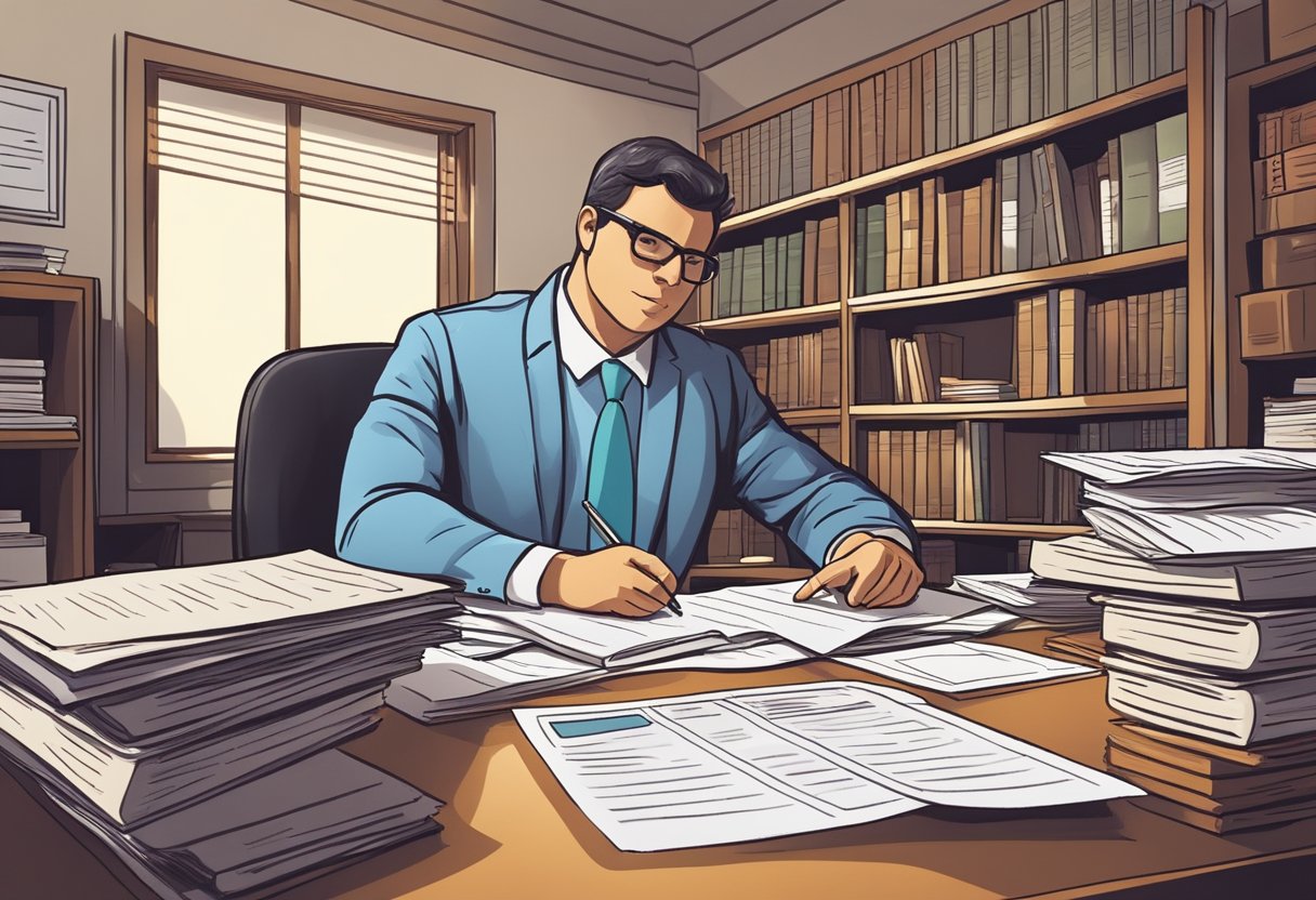A parent-owned business owner reviews legal and tax documents at a desk, surrounded by law books and tax forms