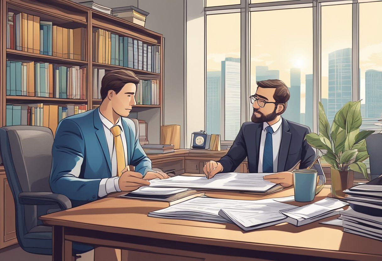 A lawyer and accountant discussing IP rights for a family-owned business in a home office with legal documents and tax forms on the desk