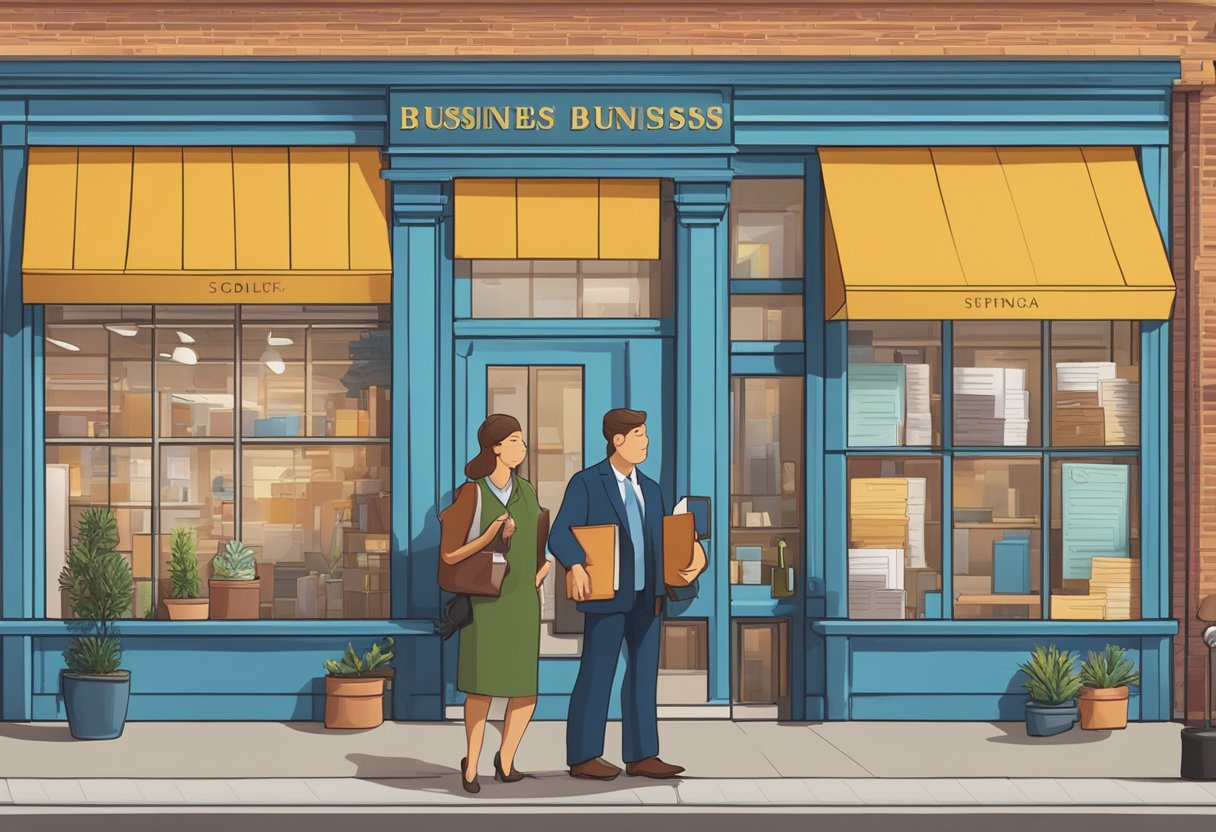 A family-owned business sign hangs outside a storefront. Legal and tax documents are scattered on a desk, while a lawyer and accountant confer in the background