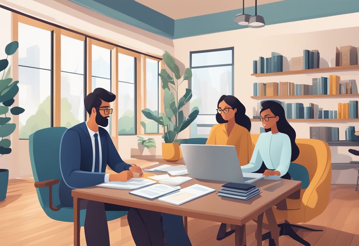 A family-owned business owner reviews legal and tax documents with a financial advisor in a cozy office setting