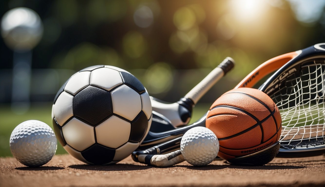 A soccer ball, basketball, tennis racket, golf club, and other sports equipment arranged in a dynamic composition, representing the top 10 sports in the world in 2023