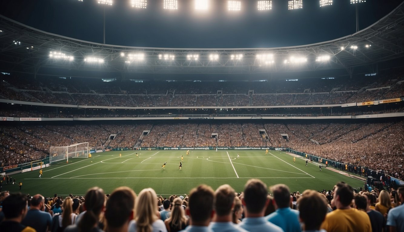 A crowded stadium with cheering fans, bright stadium lights, and players competing in various sports like soccer, basketball, tennis, and more