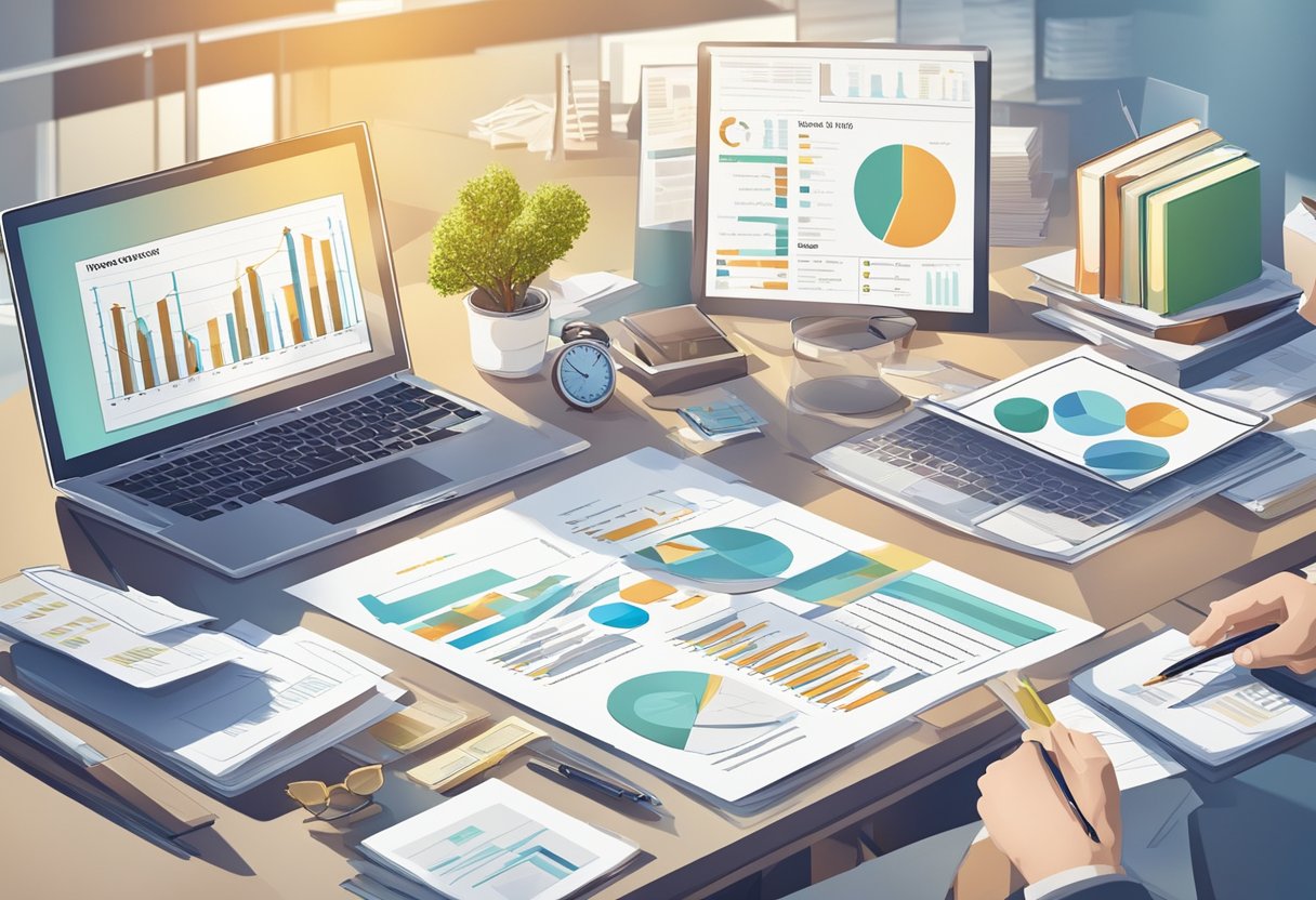 A family-owned business thrives, with legal and tax documents spread out on a desk, while charts and graphs illustrate growth and expansion