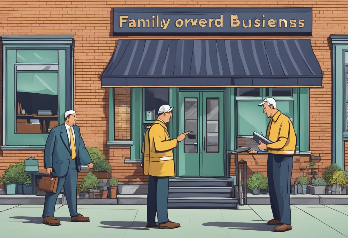 A family-owned business sign being taken down, while a lawyer and accountant discuss legal and tax implications