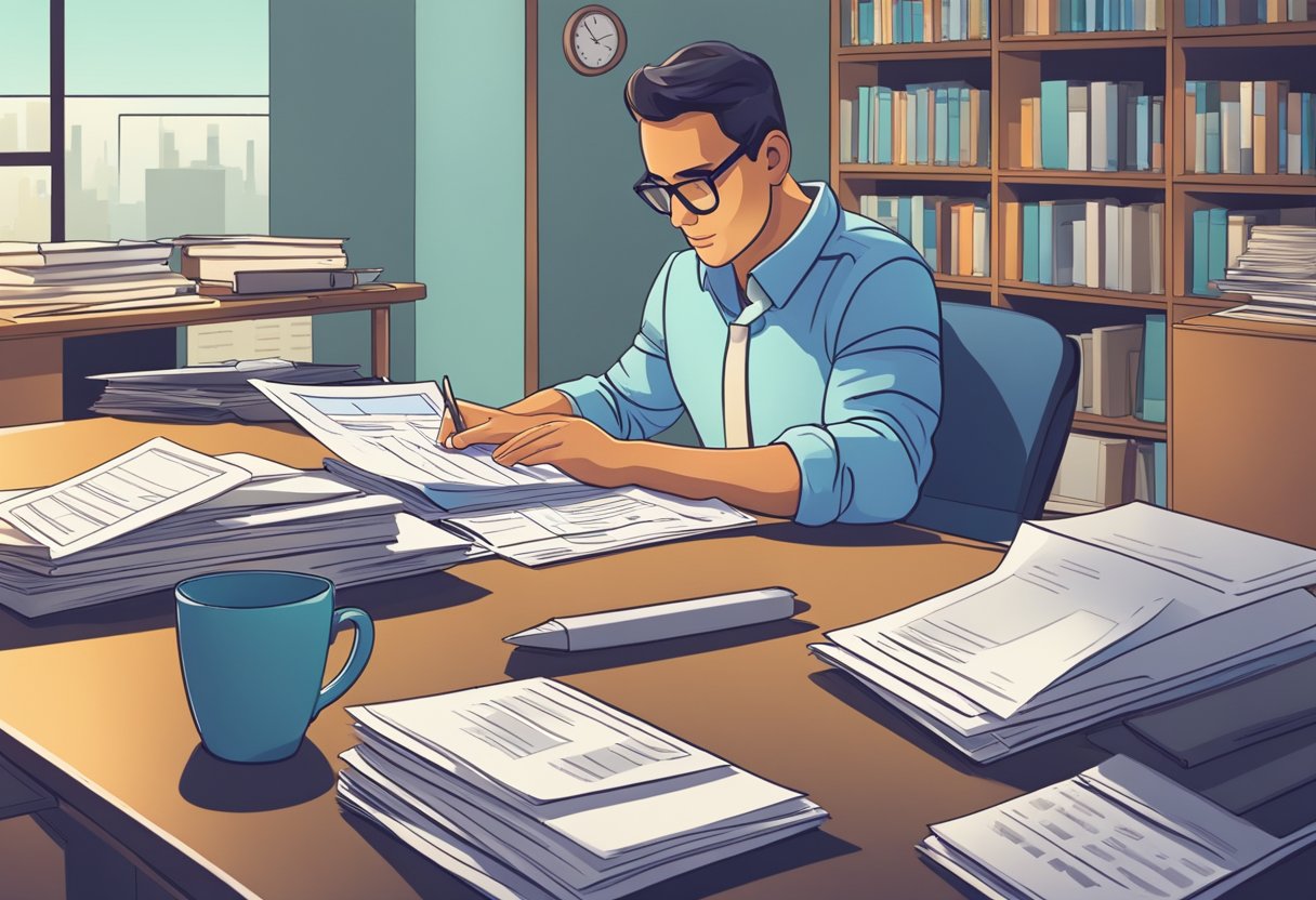 A parent sits at a desk, surrounded by legal and tax documents. A laptop and calculator are open, while a stack of papers awaits review
