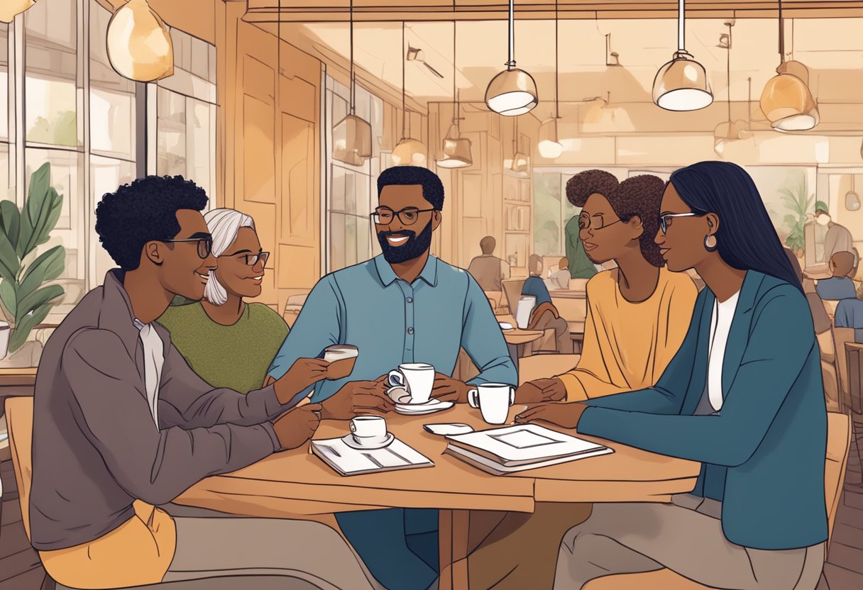 A parentpreneur networking with other entrepreneurs, exchanging ideas and support in a cozy coffee shop setting