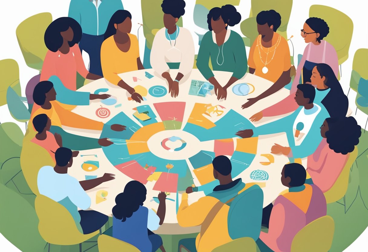 A group of diverse individuals gather in a circle, exchanging ideas and support. They are surrounded by symbols of parenthood and entrepreneurship, representing the journey of building a strong support network as a parentpreneur