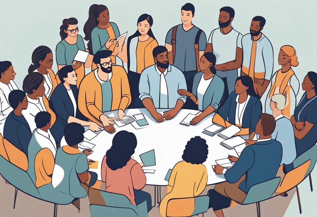 A group of diverse professionals gather in a circle, exchanging business cards and sharing ideas. A parentpreneur stands at the center, surrounded by supportive individuals