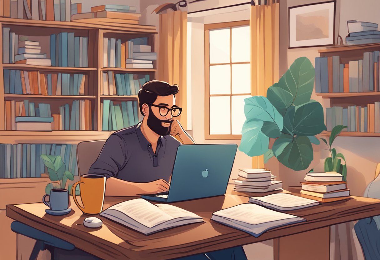 A parentpreneur reads books, attends workshops, and connects with other parents in a cozy home office filled with books, a laptop, and a warm cup of coffee