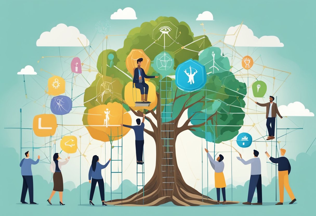 A parentpreneur stands surrounded by interconnected support symbols, including a web of hands, a tree with deep roots, and a ladder reaching towards the sky