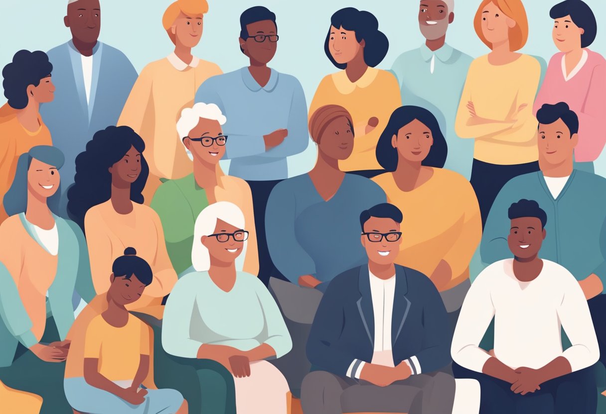 A parentpreneur surrounded by a diverse group of supportive individuals, engaging in meaningful conversations and activities, creating a strong and nurturing support network