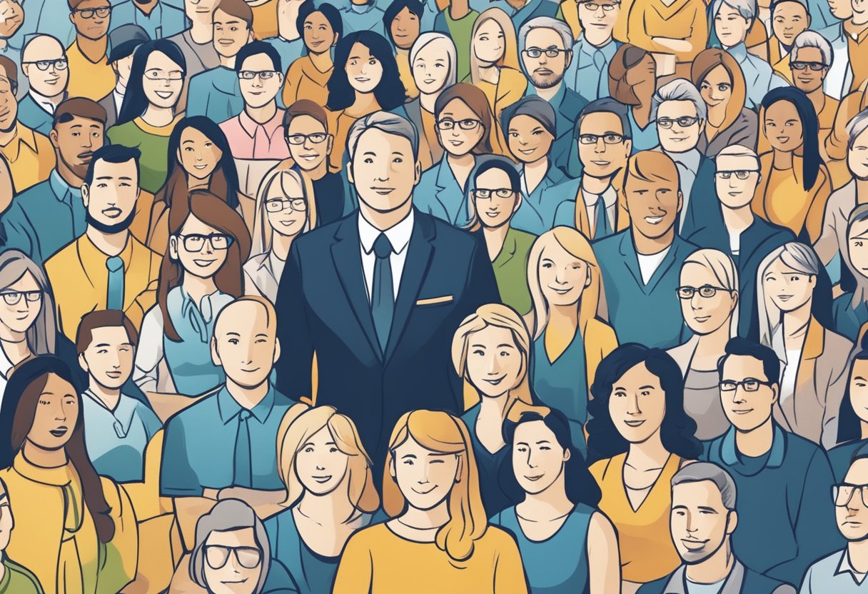 A parentpreneur stands confidently, surrounded by a network of supportive individuals, while showcasing their business vision to a captivated audience