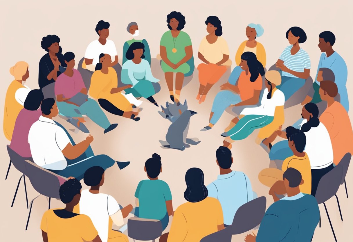 A group of diverse individuals gather in a circle, exchanging ideas and support. A parentpreneur holds a baby while engaging in conversation with other members of the network