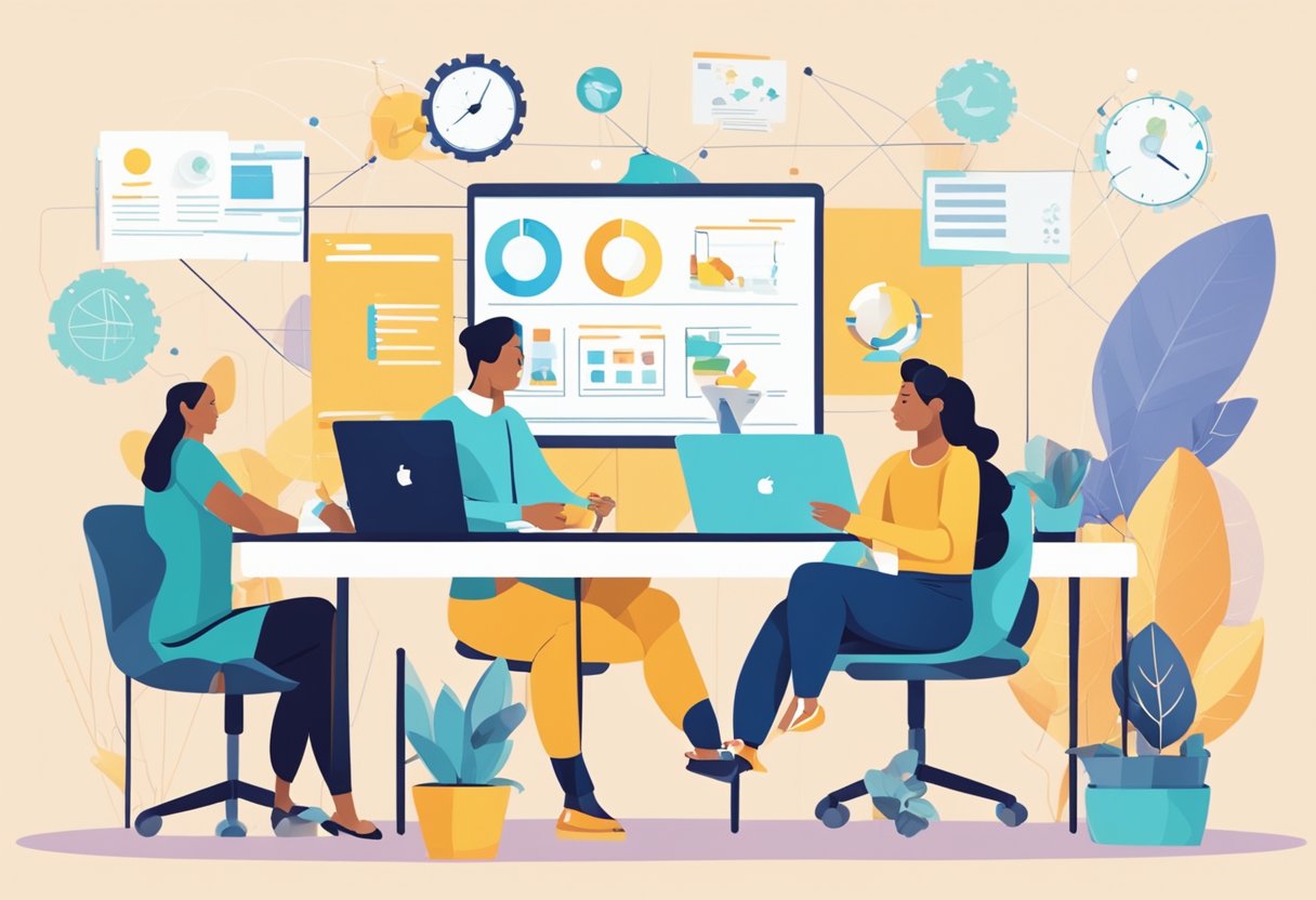 A parentpreneur sits at a desk, surrounded by a network of supportive individuals and resources. They are making plans and setting goals for their future success